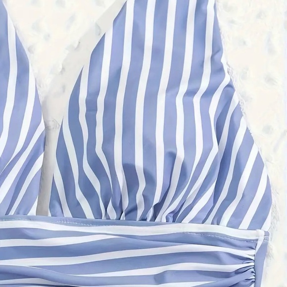 Blue White Deep V Tummy Control Swimsuit - Picture 6 of 9